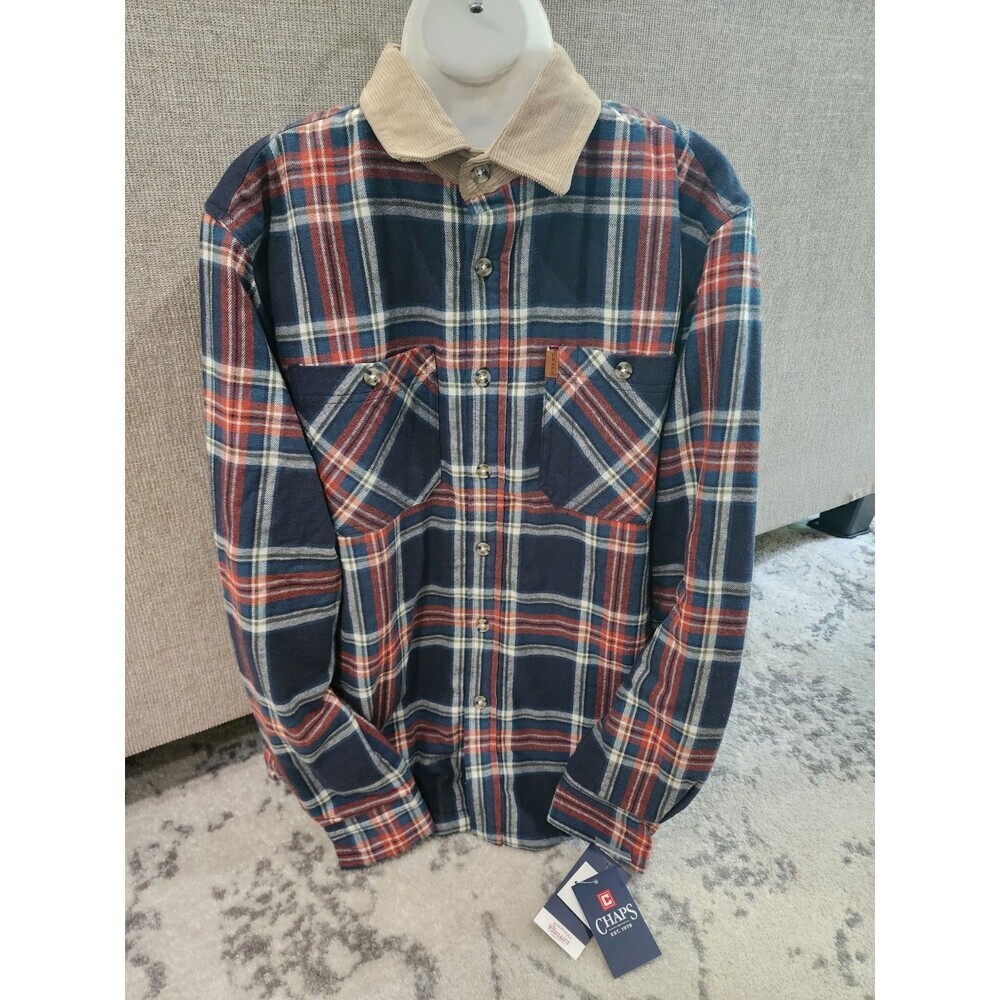 NEW Chaps Corduroy Collar Quilted Plaid Flannel Button Down Shacket Men's Medium